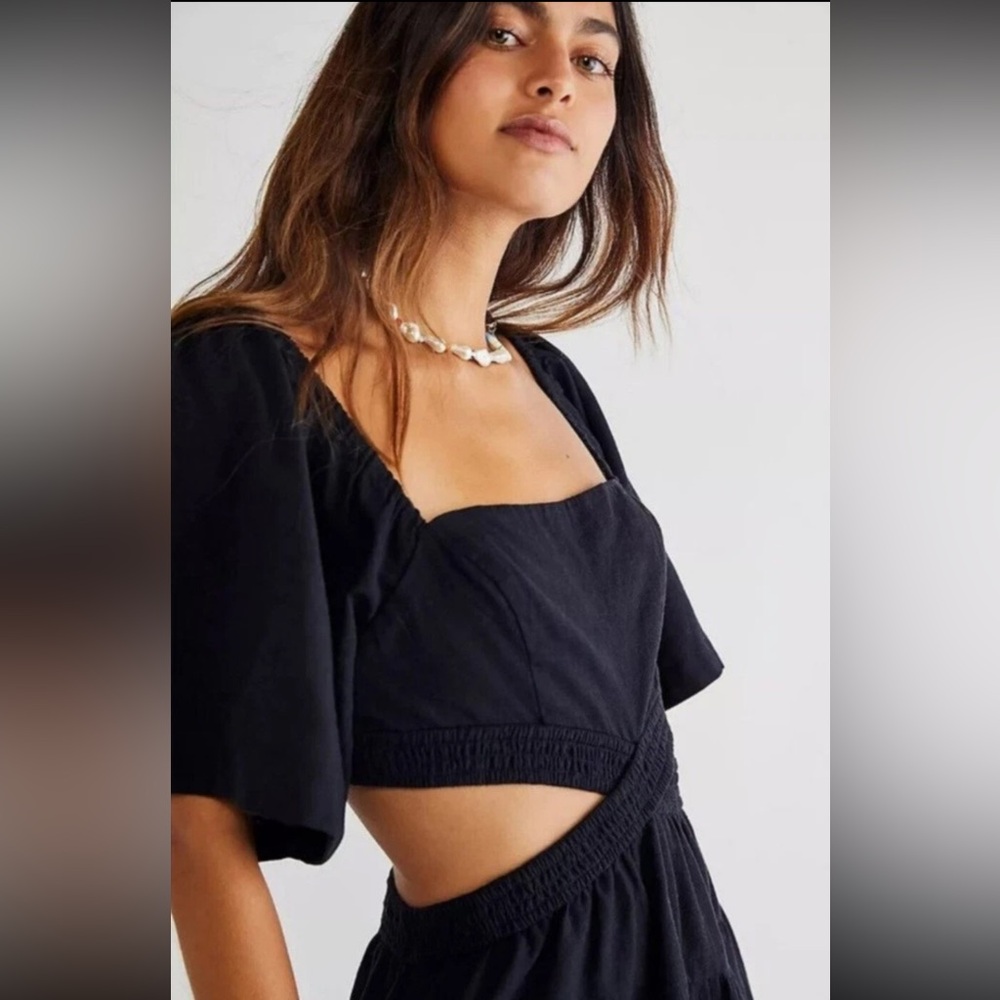 NWT Free People Cross‎ Of Sunlight Mini Dress Cutout Waist  Black linen blnd - Picture 5 of 14